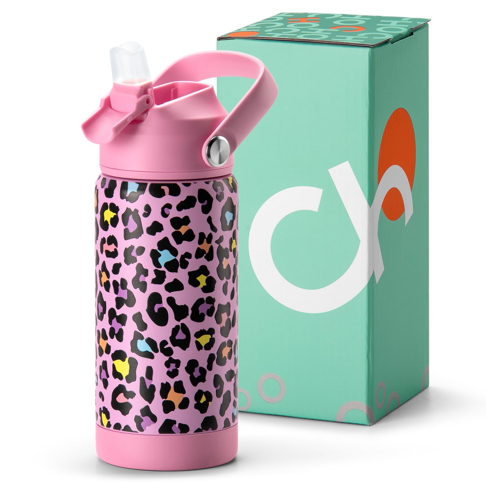 Choco Mocha Children's Water Bottle with Straw for Girls, Thermos Flask Children, Water Bottles for School 400 ml, Leak-Proof, BPA-Free, Pink Leopard