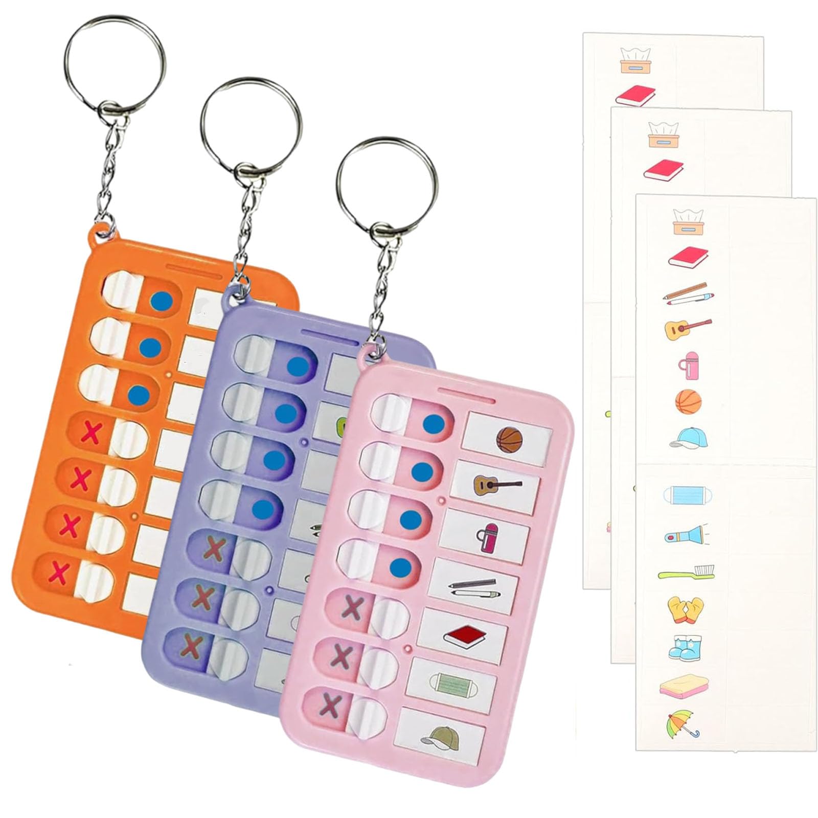 KALOLINNA 忘れ物チェッカー 3個入り チェックリスト おでかけチェッカー 持ち物チェック 出先での不安を解消 子供 習慣 確認 片付け 持ち物 忘れ物 フリー項目多 忘れ物防止 日常業務 子供用 高齢者介護 (ピンク+オレンジ+パープル) の商品画像