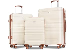 Merax Luggage Sets 3 Piece Suitcase, Hardside Suit case with Spinner Wheels Lightweight TSA Lock, Ivory/Brown, 20/24/28 Inch