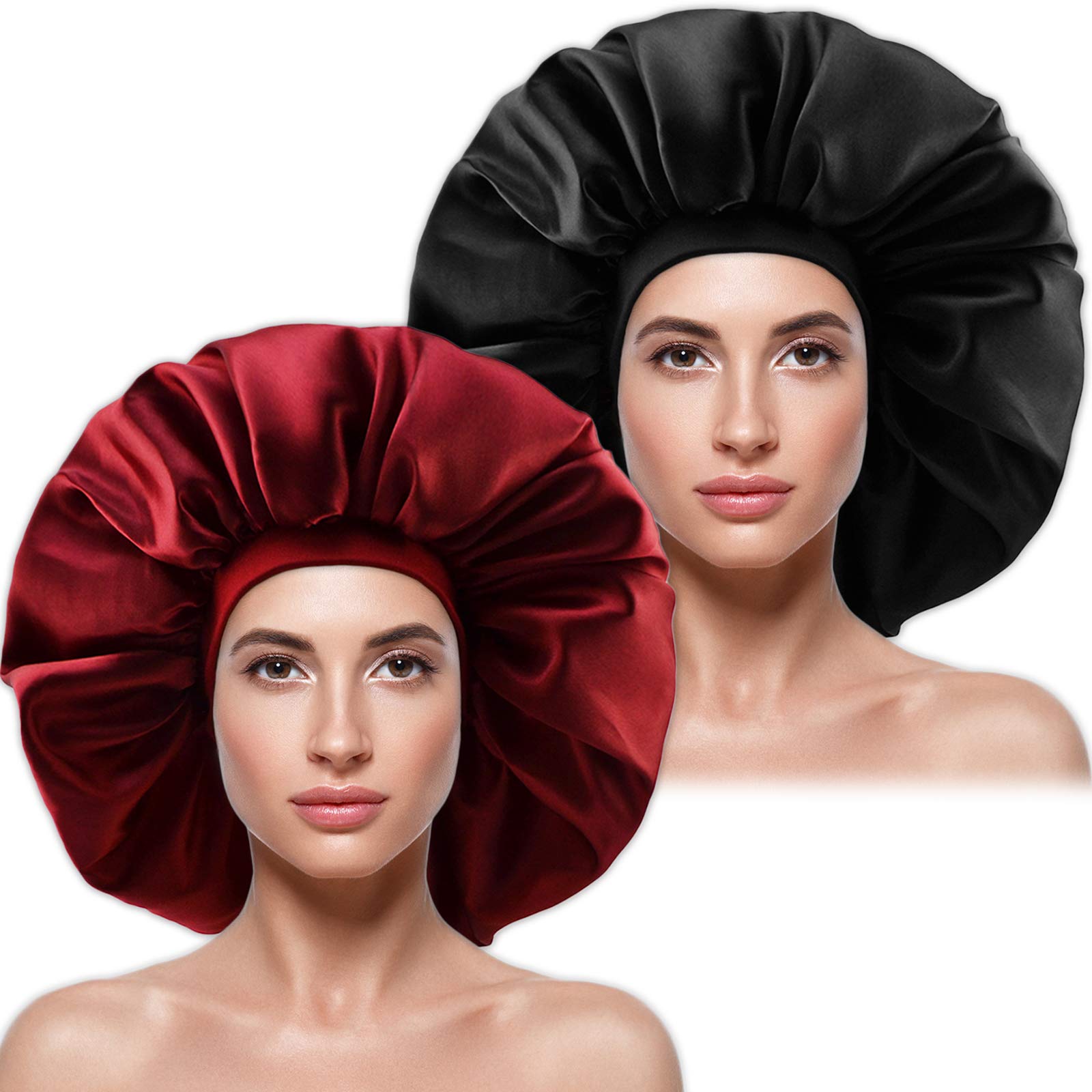 Large Silky Satin Bonnet with Wide Elastic Band, Soft Sleeping Cap Night Hat Big Hair Bonnets Head Cover for Women Curly Natural Long Hair (Black & Red)