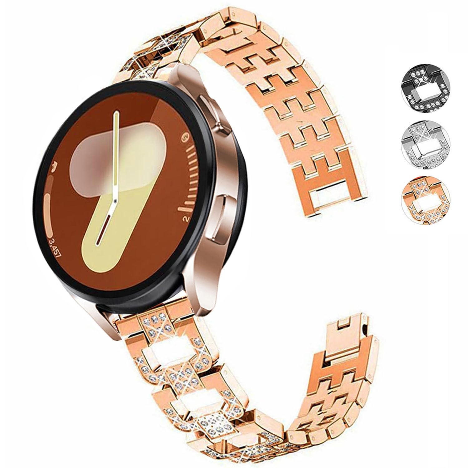 DEALELE Strap Compatible with Samsung Galaxy Watch 7 / FE / 6/6 Classic / 5/5 Pro / 4/4 Classic / 3 41mm, 20mm Bling Diamond Metal Replacement Bands for Huawei GT3 42mm Women Men (Rose gold)