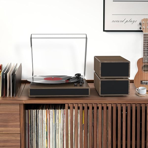 VINYL RECORD PLAYER WITH DUAL STEREO BOOKSHELF SPEAKERS VINTAGE TURNTABLE WITH BLUETOOTH WIRELESS PLAYBACK BELT DRIVE 3-SPEED PLAYBACK RECORD PLAYER SUPPORT RCA OUT AUTO STOP