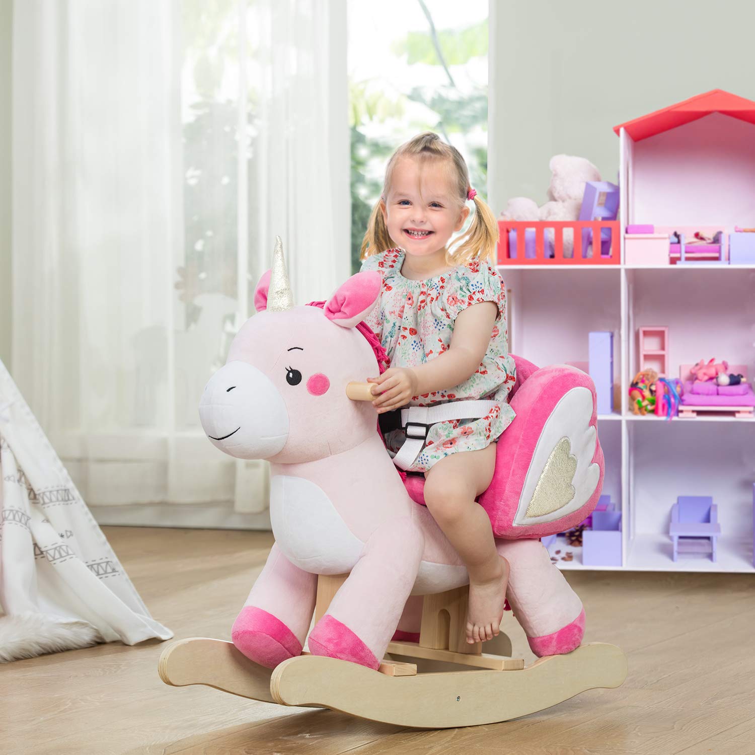 Labebe Unicorn Rocking Horse for Baby with Safety Belt, Pink Ride On Unicorn for Kid 1-3 Years, Rocking Unicorn Horse/Pink Rocking Horse/Ride Unicorn/Ride On/Rocker/Unicorn Riding Toy/Pink Rocker Toy