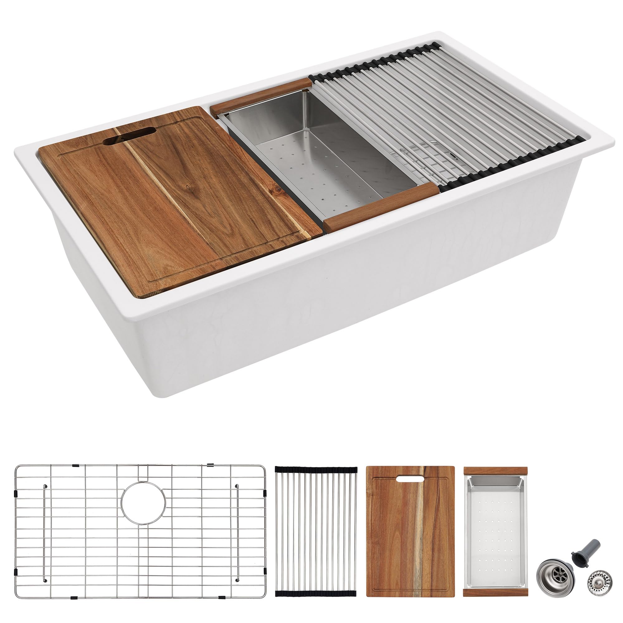 Photo 1 of 33 Granite Composite Kitchen Sink - Fulorni 33"x19" Granite Kitchen Sink Ledge Workstation Undermount White Quartz Classic Under Counter Single Bowl Sink Basin
