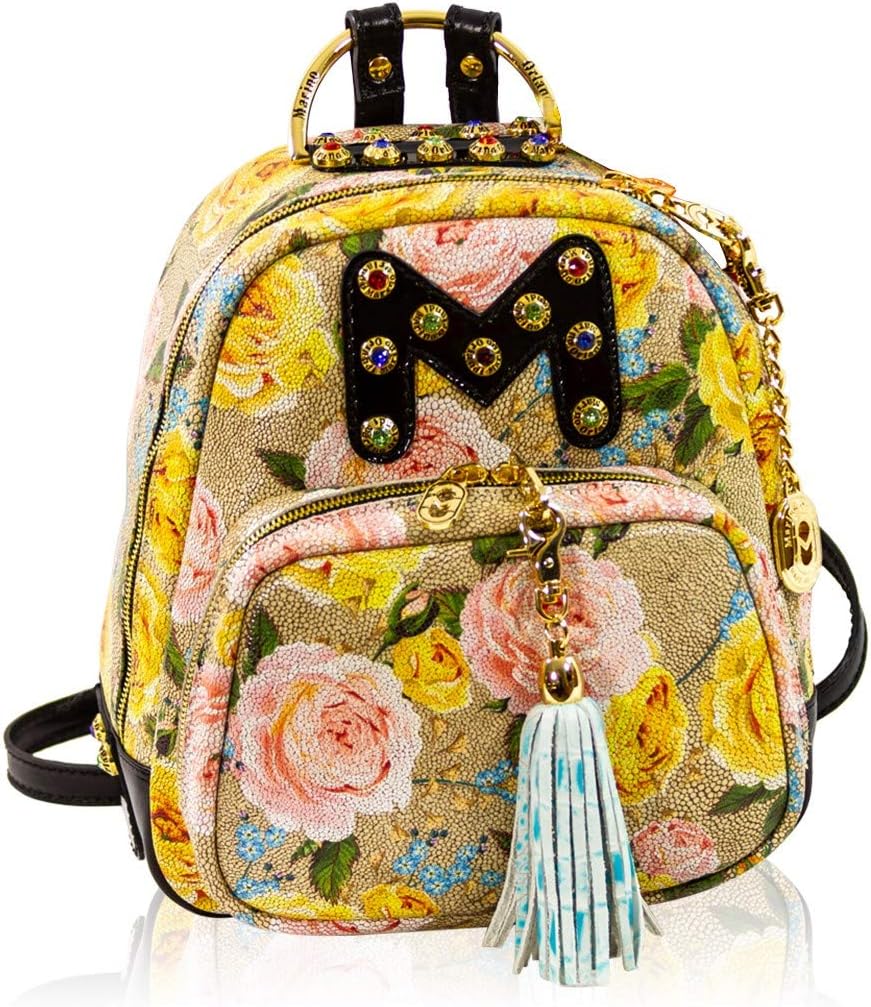 Marino Orlandi Women's Medium Handbag Italian Designer Backpack Tote Bucket Purse Croc Embossed Leather Top Handle Satchel Sling in Floral Design with Tassel and Swarvoski