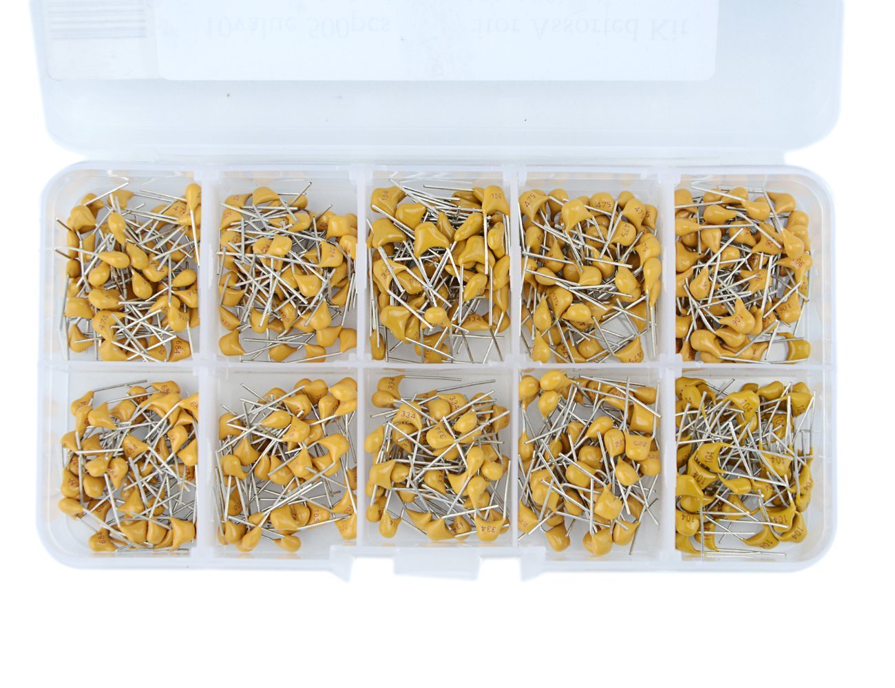 DollaTek 500PCS 10 Values 0.1uF to 10uF (104~106 each 50pcs) Multilayer Monolithic Ceramic Capacitor Set Assortment Kit + Plastic Box