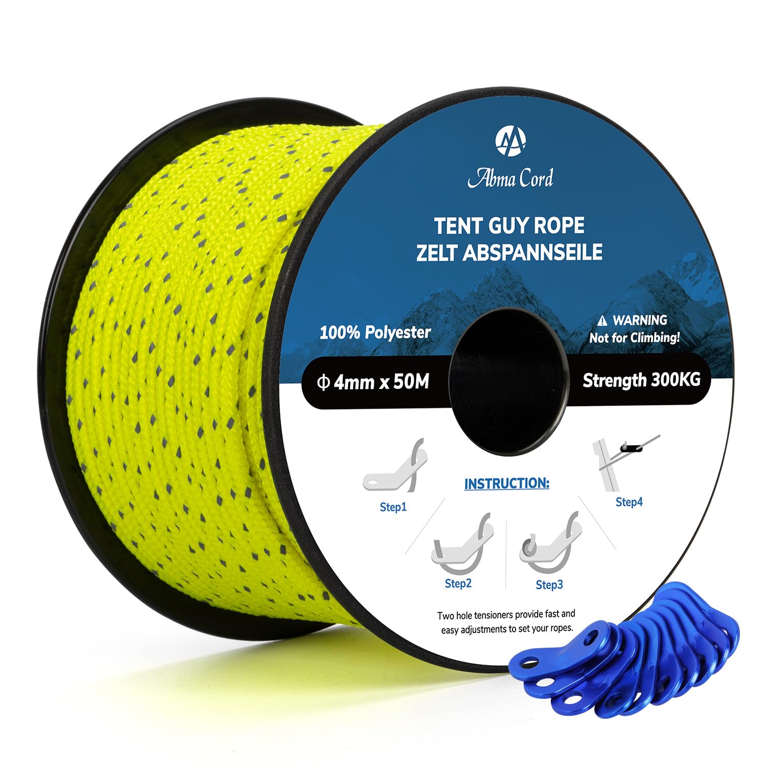 Abma Cord Tent Guy Ropes 4mm 50M Guy Line 10 Pcs Guy Rope Tensioners Heavy Duty Guide Rope for Camping, Gazebos, Awning, Tarp - Reflective Neon Yellow