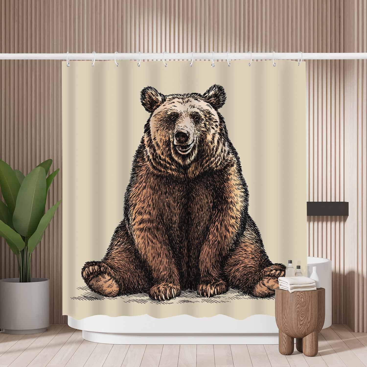 Woutay Shower Curtain Mould Proof Resistant Brown Bear,Water Repellant Fabric,Polyester,with 12 Plastic Hooks