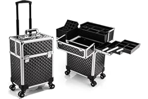 Faquenc Rolling Makeup Case Extra Large Makeup Train Case 4 Tray with Sliding Rail Removable Layer Cosmetology Case on Wheels for Makeup Artists Nail Art Salon Barber Trunk Traveling Storage