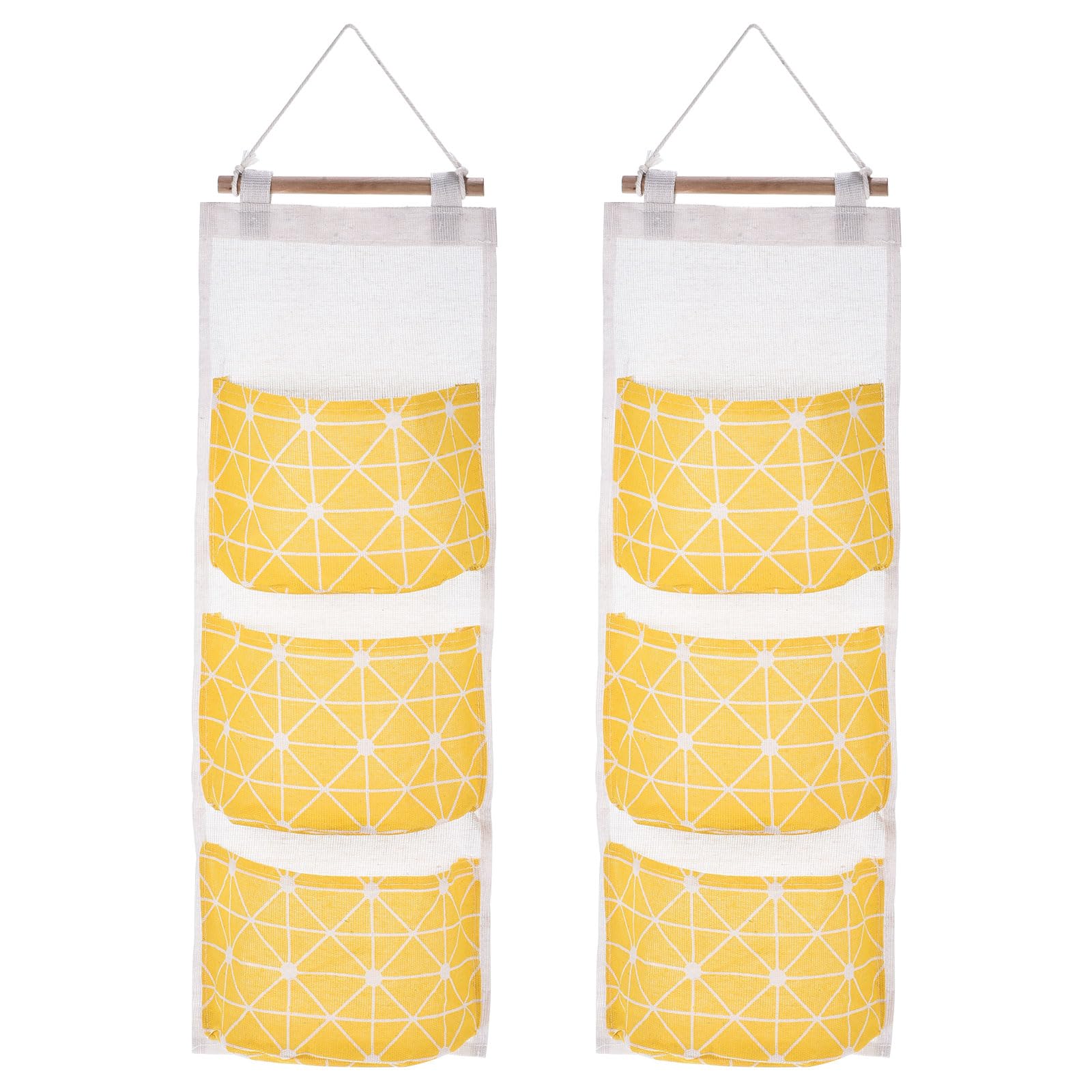 PATIKIL 3 Pockets Over Door Hanging Storage Bags, 2 Pack Cotton Linen Wall Mount Closet Organizer Pouches Waterproof for Bedroom Bathroom, Yellow