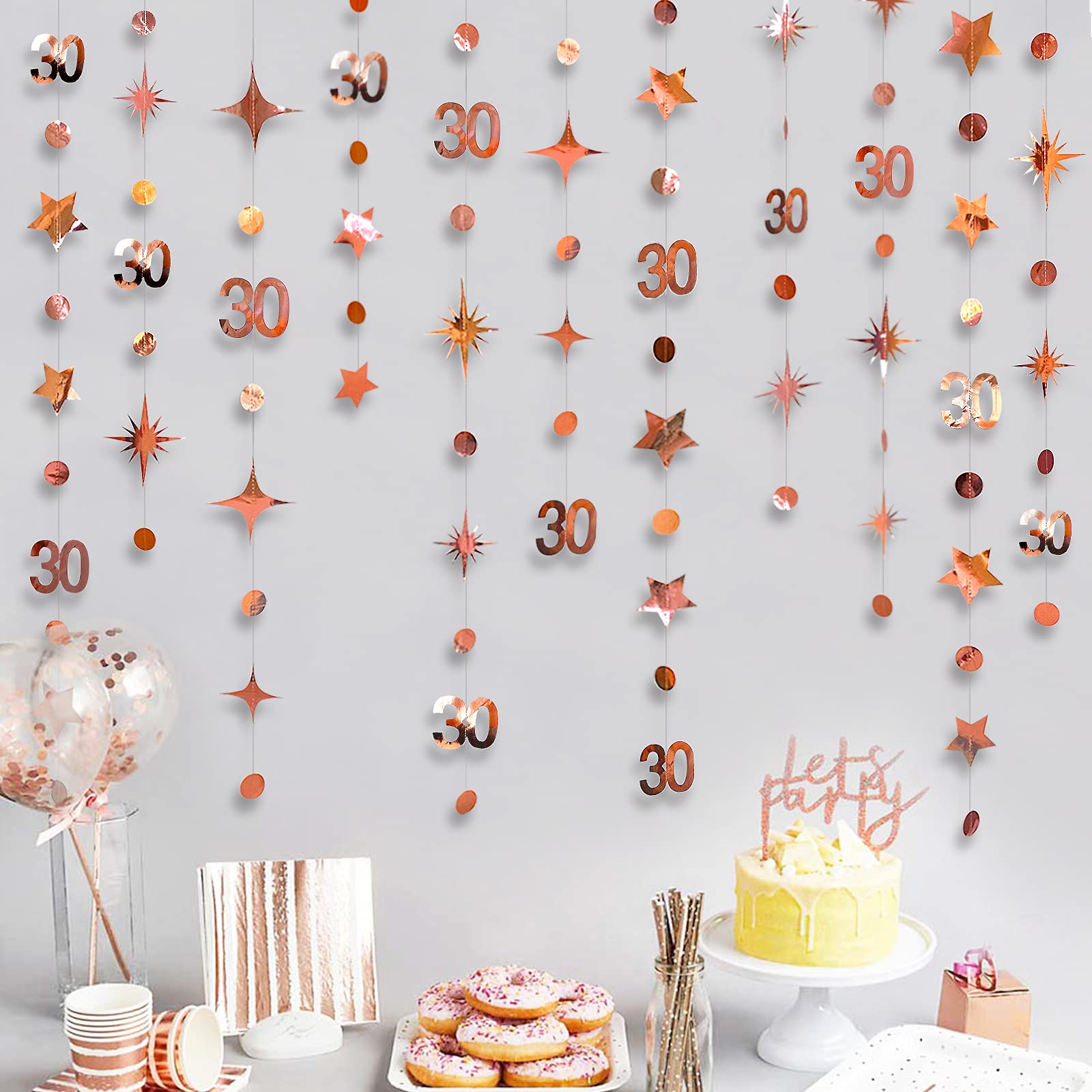 Rose Gold 30th Birthday Garlands Decorations Number 30 Circle Dot Twinkle Star Banner Metallic Hanging Streamer Bunting Backdrop for Her 30 Years Old Birthday Thirty Anniversary Party Decor Supplies