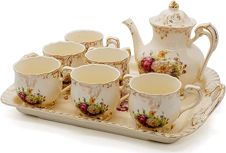 Amazon Co Jp Newqz クリエイティブ ヨーロピアン ラグジュアリー ティー セット 8個 セット アイボリー 磁器 コーヒー セット ティー トレイ 手描き バラ 花付 結婚式 装飾 イブニング ディナー用 ギフト ボックス付 フラワー ホーム キッチン