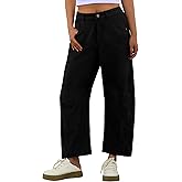 IWOLLENCE Women's Corduroy Barrel Cropped Pants Mid-Rise Elastic Waist Cord Wide Legs Baggy Pant with Pockets