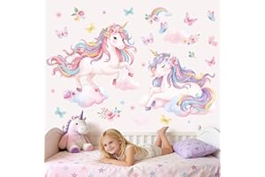 wondever 2 Large Size Unicorn Wall Stickers Unicorn Cloud Flower Butterfly Peel and Stick Wall Art Decals for Baby Nursery Ki