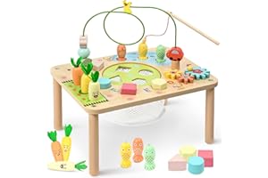 wingyz Activity Table, 6 in 1 Wooden Montessori Activity Center with Bead Maze Shape Sorter Fishing Game, Kids Sensory Play Table Toddler Toys 1st Birthday Gifts Boy Girl(Morandi-Square)