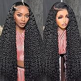 Vamzee 30 Inch Deep Wave Lace Front Wigs Human Hair 210 Density 13x6 HD Lace Front Wigs Pre Plucked Brazilian Curly Human Hair Wig Glueless Frontal Wigs For Black Women