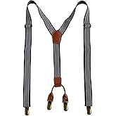 Gedaybe Classic Striped Suspenders with Leather Trim, Mult-color, Y-Back Design, Adjustable Metal Clips, Formal Wear