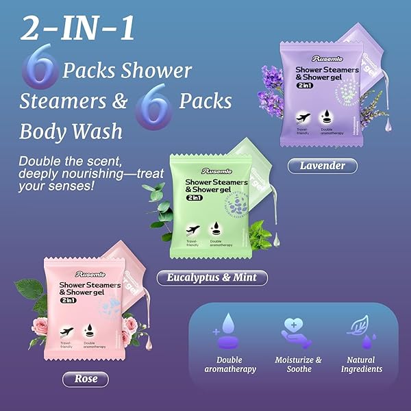 RUSEMLE SHOWER STEAMERS AROMATHERAPY 6 PACK, 2-IN-1 SHOWER STEAMERS AND BODY WASH, STRESS RELIEF – BIRTHDAY GIFTS FOR WOMEN MEN MOM WIFE DAUGHTER, GRADUATION GIFTS FOR HER HIM