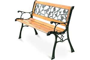 Giantex 50'' Patio Park Garden Bench, Outdoor Furniture Rose Cast Iron Hardwood Frame Porch Loveseat for 2 Person Outdoor Cle