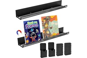 MOFUIRY 2 Set Metal Magnetic Book Shelf for Whiteboard Classroom, 17 Inch Floating Book Display Shelf with Marker Holder Eraser Heavy Duty Magnet Book Holder Refrigerator Organizer for Kid Room Office Teacher