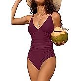 Charmo Tummy Control One Piece Swimsuits for Women Ruched Bathing Suits Strappy V Neck Monokini