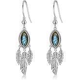 AVECON Feather Dangle Earrings for Women 925 Sterling Silver Earrings Teal Turquoise/Turquoise/Labradorite/Moonstone Drop Earrings with Feather Boho Vintage Leaf Hook Earrings Western Jewelry Gifts