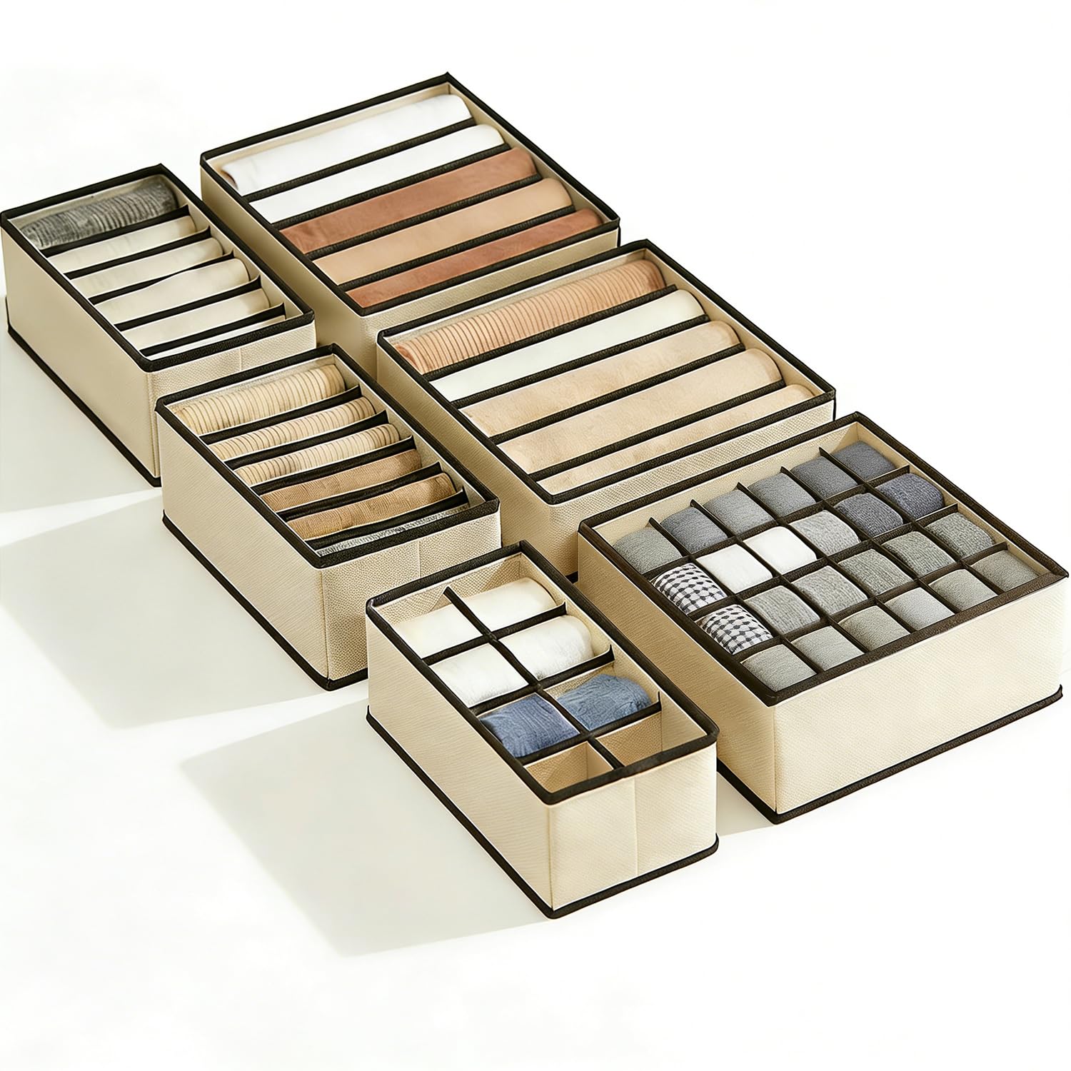 Evance Underwear Drawer Organisers 58 Cells, Set of 6 Underwear Organisers and Sock Organiser, Foldable, Wardrobe Storage Organiser, Drawer Dividers for Underwear, Bras, Socks, Ties, Scarves (Beige)