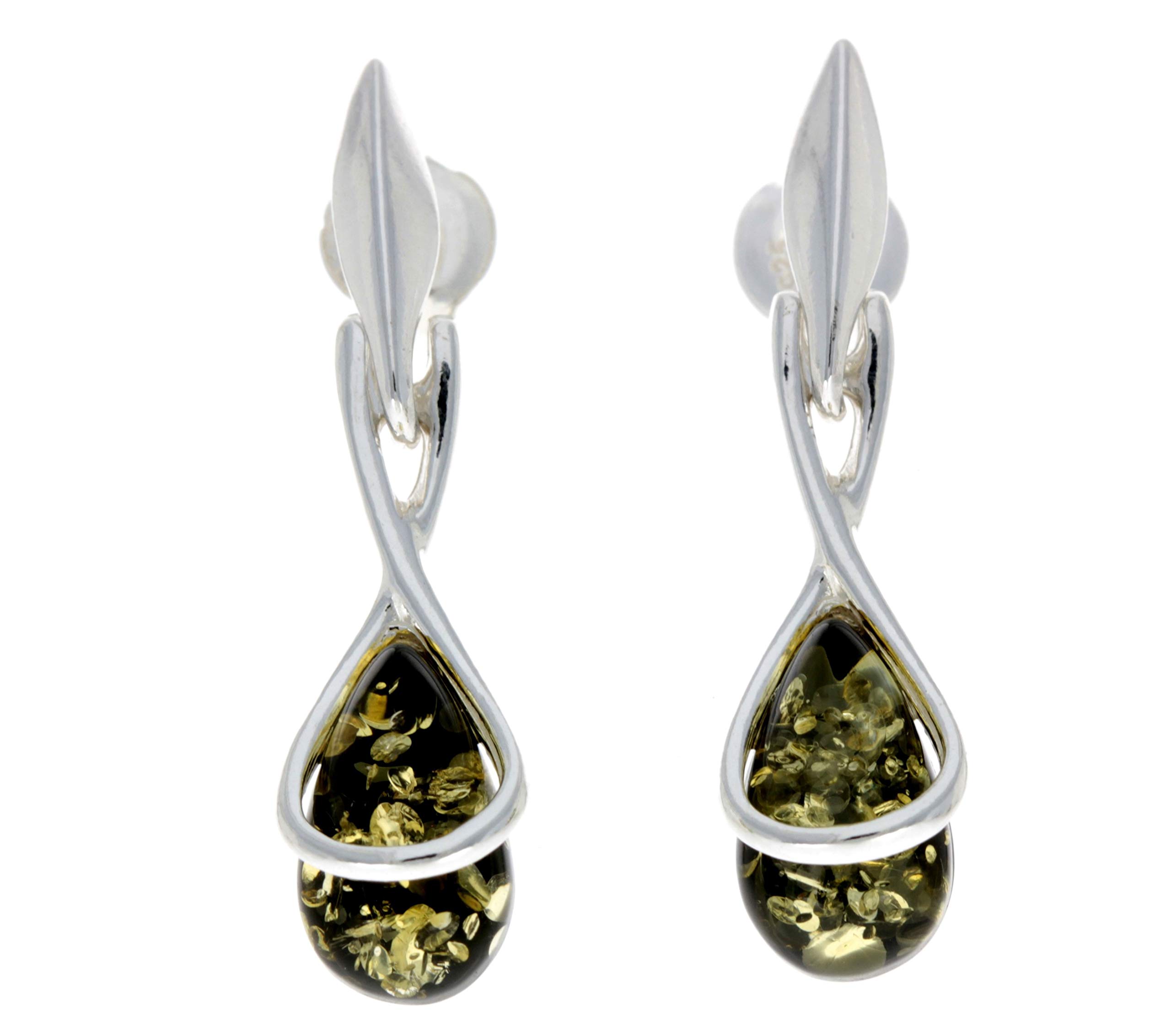Modern Green Genuine Natural Baltic Amber and 925 Sterling Silver Drop Studs Earrings GL151G