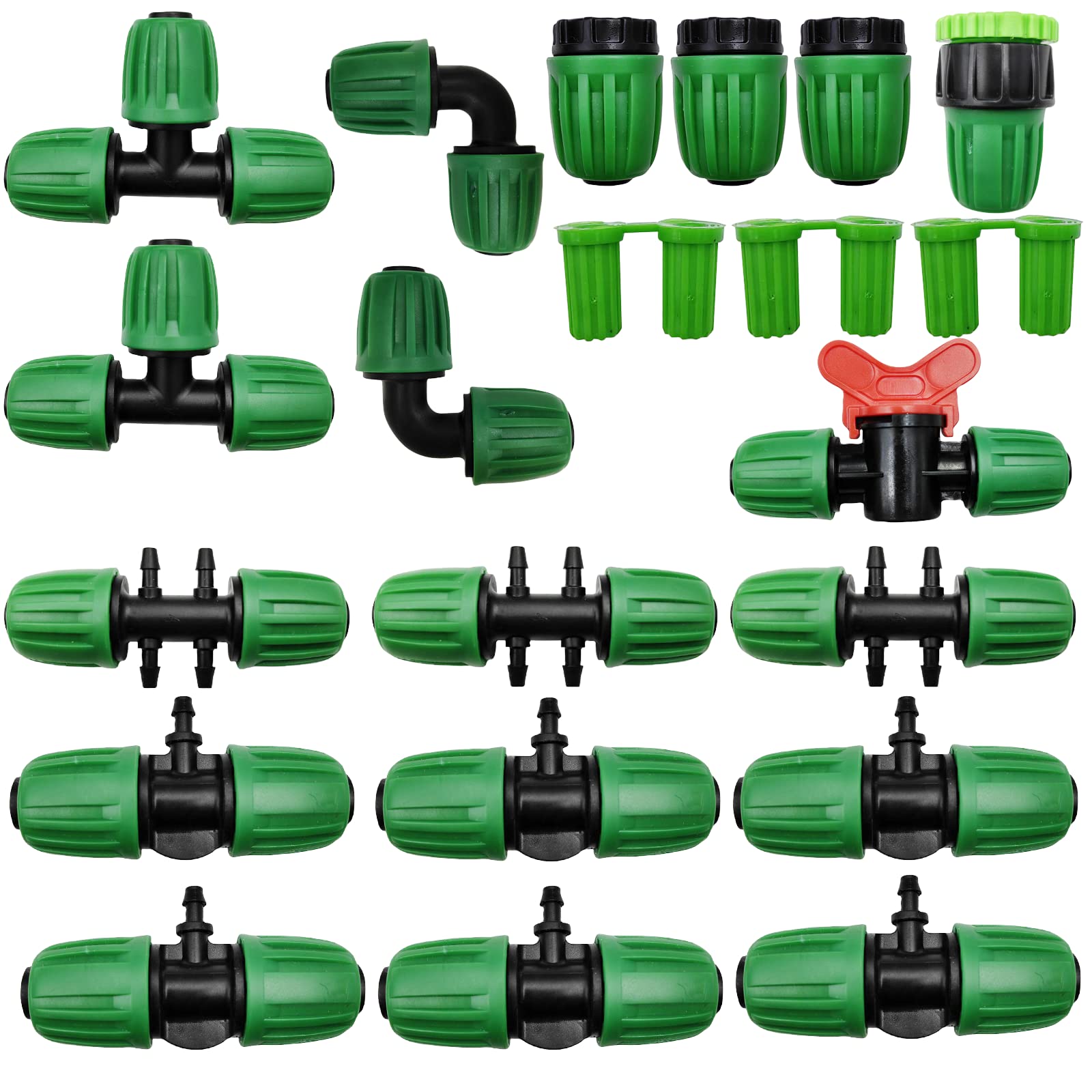 HOINCO 21 PCS Drip Irrigation Fittings Kit for 1/2 Inch to 1/4 Inch Irrigation Tube Anti-Drop Premium Quality Barbed Locked Nuts Connectors with On/Off Valve