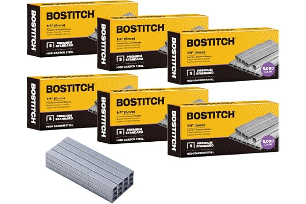 Bostitch Office 30,000 Standard Staples, 1/4" Length, Full Strip Staples, 210/Strip, 5000 Per Box, 6-Pack