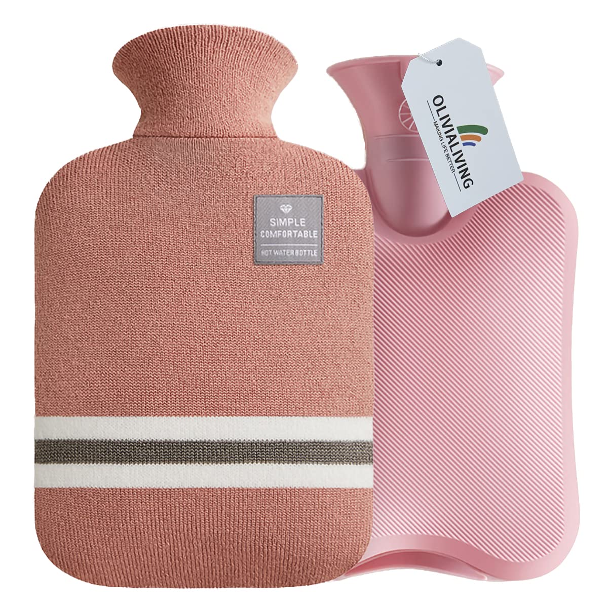 OliviaLiving Hot Water Bag Hot Water Bottle 2 Liter Heat Up and Refreezable Hot Cold Pack with Classic Striped Cover for Pain Relief Hot Cold Therapy