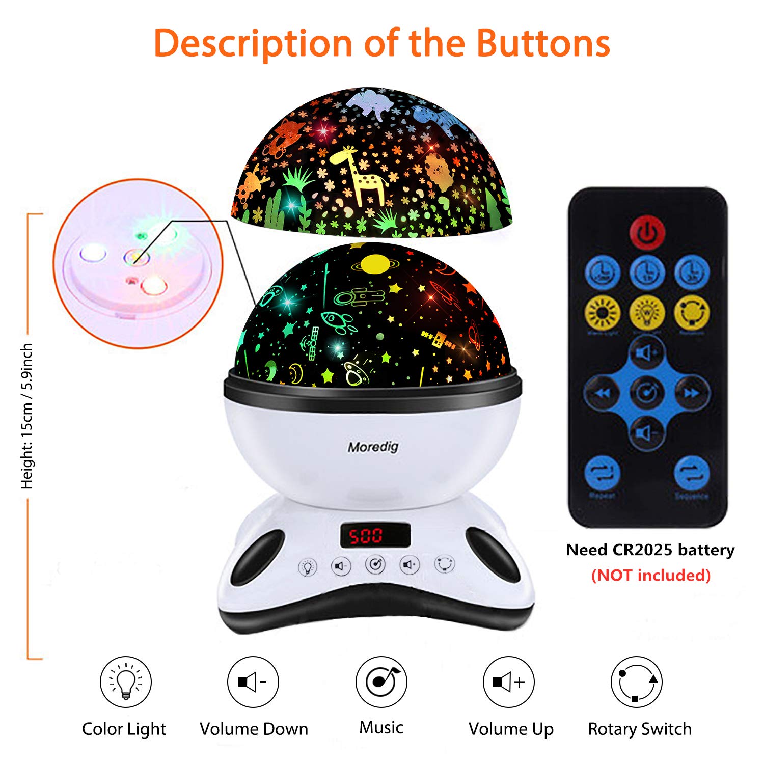 Moredig Night Light Projector Remote Control and Timer Design Projection lamp, Built-in 12 Light Songs 360 Degree Rotating 8 Colorful Lights for Children Kids Birthday, Parties - Black White: Baby