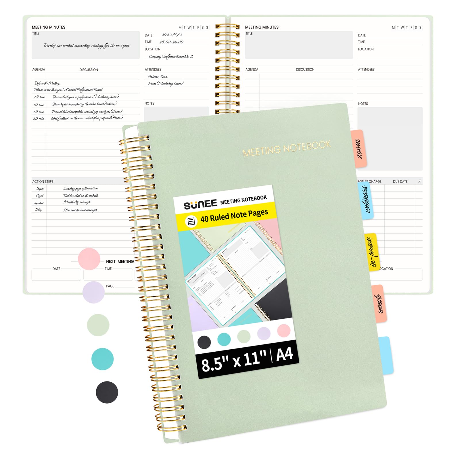 Photo 1 of SUNEE Meeting Notebook for Work with Sticky Tabs - 160 Pages, A4 Size Project Planner, Spiral Meeting Agenda/Minutes Notebook Organizer for Women Men, Note Taking, Office&Business,8.5"x11", Sage Green