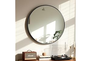 CUCZUUS 24in(61cm) Round Tempered Glass Wall-Mounted Mirror,Bathroom Vanity Mirror,Modern Style,Round Hanging,Aluminum Alloy 