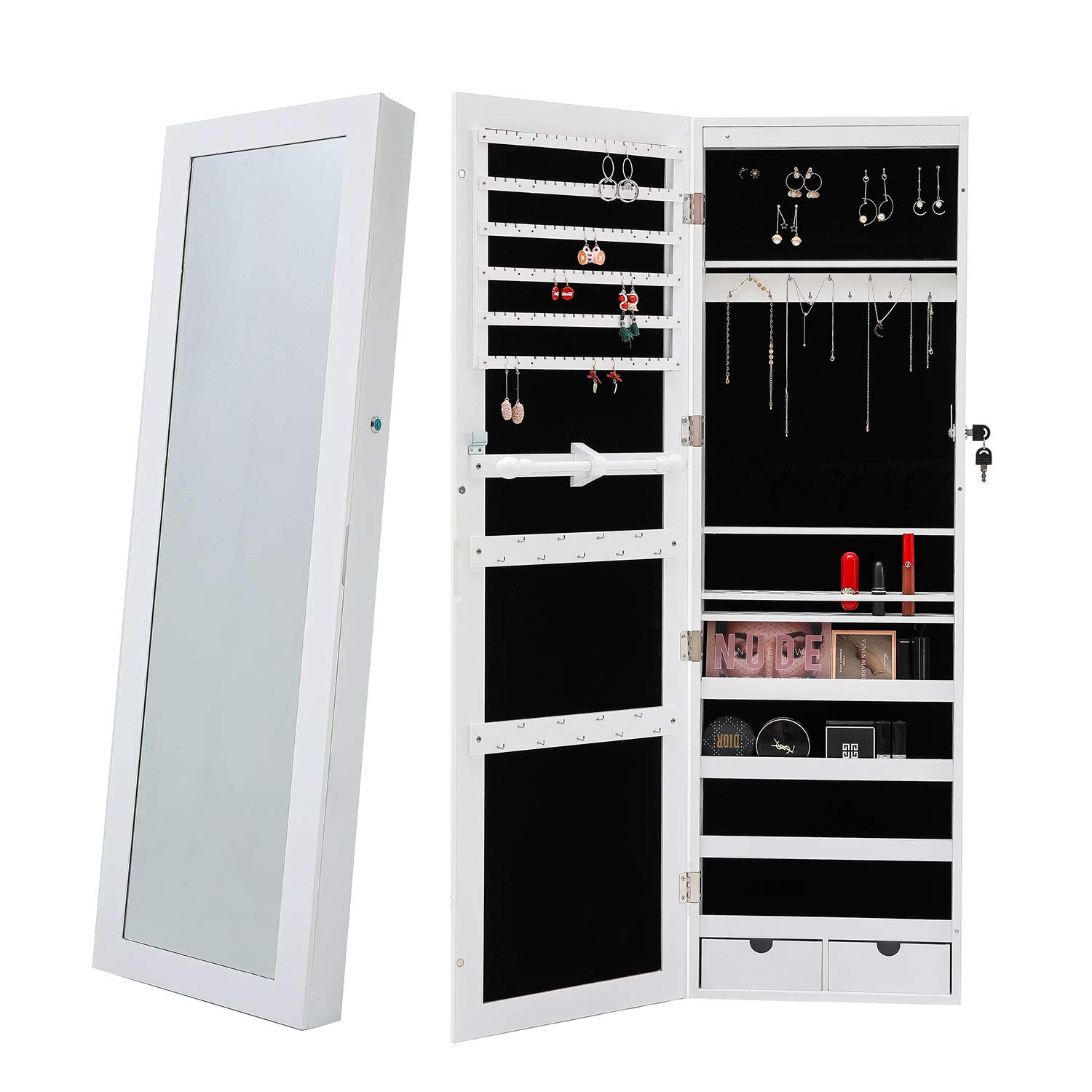 Berry Ave Lockable Mirror Jewelry Cabinet with 6 LED Lights, Jewelry Organizer Wall Mounted & Over the Door, Large Jewelry Organizer Fits All of Your Jewelry, Jewelry Armoire in White