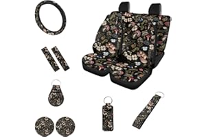 FUIBENG Butterfly Mushroom Car Seat Cover Full Set for Front Back,Seatbelt+KeychainsMushrooms Car Coaster15Inch Car Steering Wheel Cover,12PCS Hippie Mushroom Car Accessory Set for Women Men