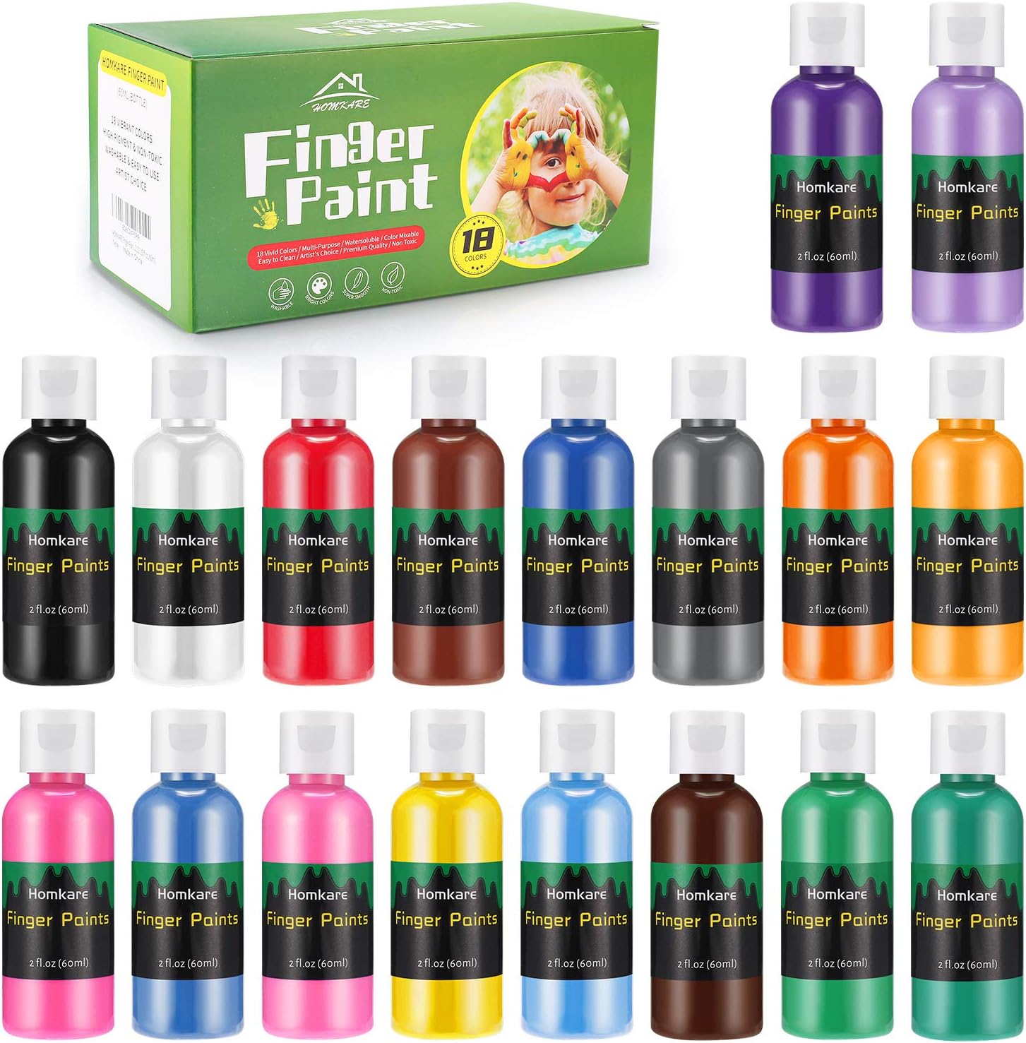 Homkare Finger Paints 18 Colors Finger Paint for Toddlers Non Toxic Washable Kids Finger Paints Set for Toddlers and Kids (2.03 fl.oz/60ml Each): Home Improvement