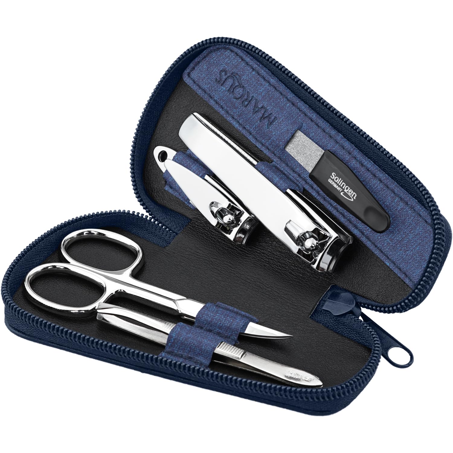 Marqus Manicure Set for Women and Men - 5-Pieces Grooming Kit - File and Tweezers from Solingen - Fashion Leather Case - Ideal for Travelling, jeans