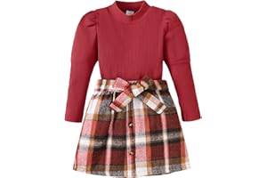 Kucnuzki Toddler Baby Girl Fall Winter Clothes Long Sleeve Ribbed Shirt Top Corduroy Mini Skirt Plaid A-line Dress Outfit