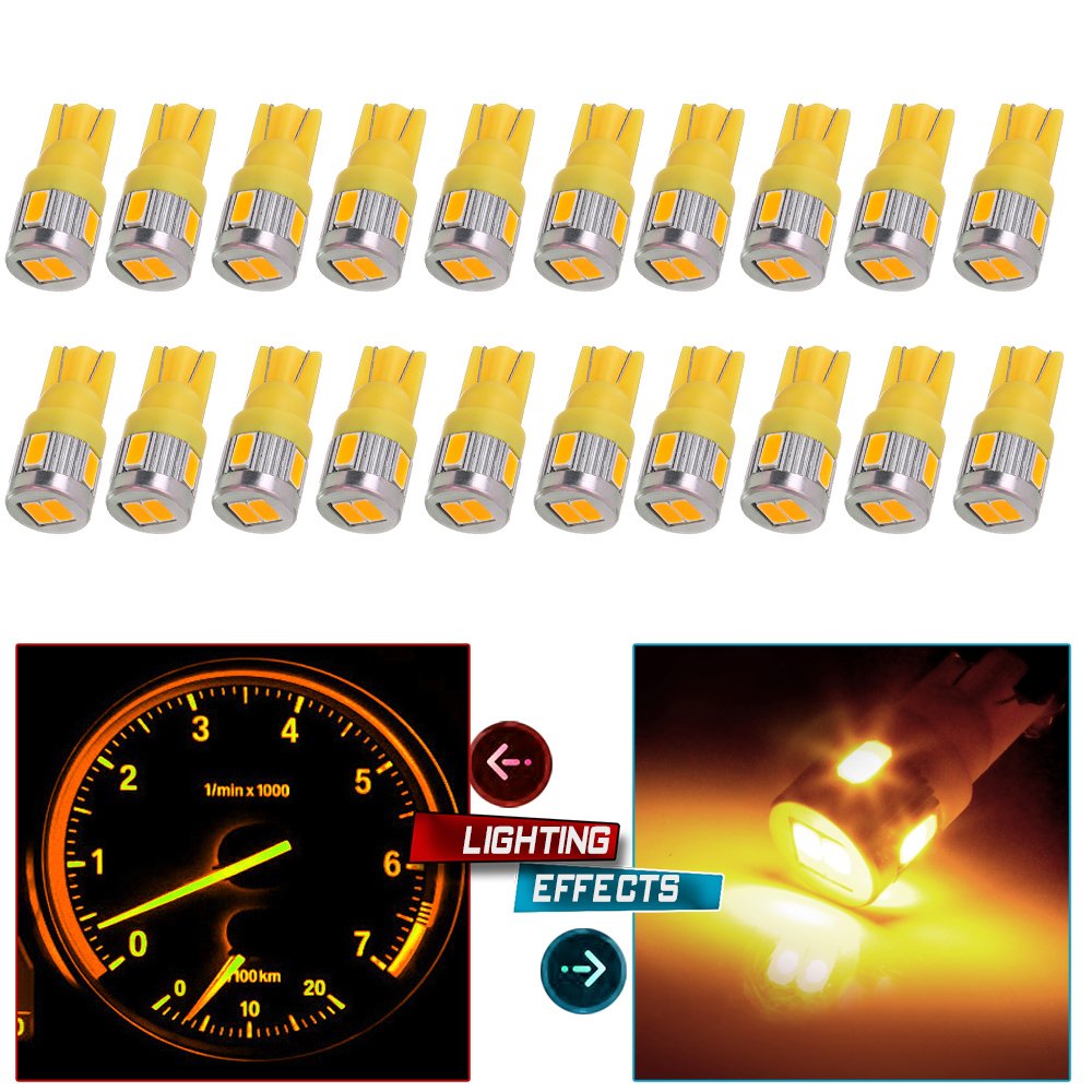 cciyu 194 Extremely Bright LED Bulbs T10-6-5730-SMD Interior Lights Dashboard Gauge Light Speedometer Odometer Tachometer LED light Instrument Panel Light Wedge T10 168 2825 W5W Xenon Yellow Pack of