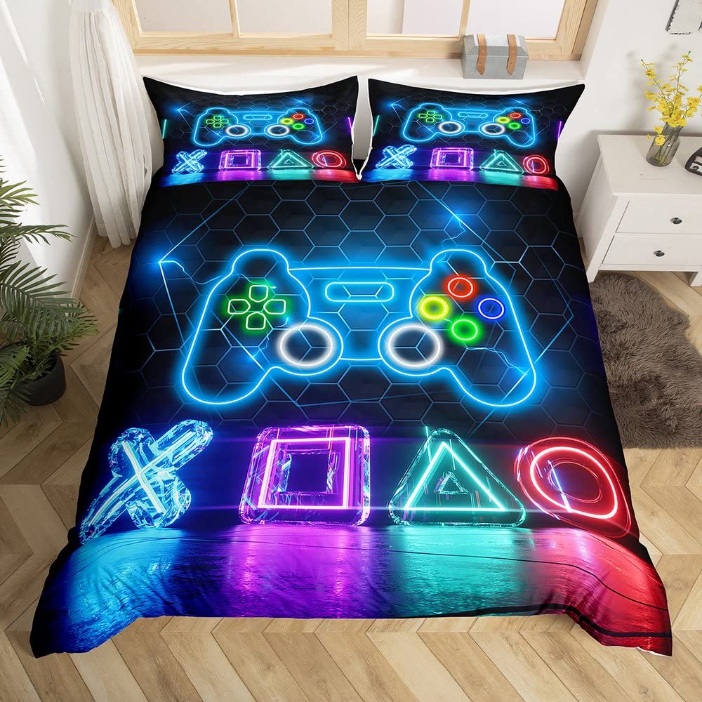 Loussiesd Teens Video Games Duvet Cover Set, Boys Gamer Printed Honeycomb Comforter Cover Gaming Controller Design, 3 Piece Bedding Set, Double Size, Reversible