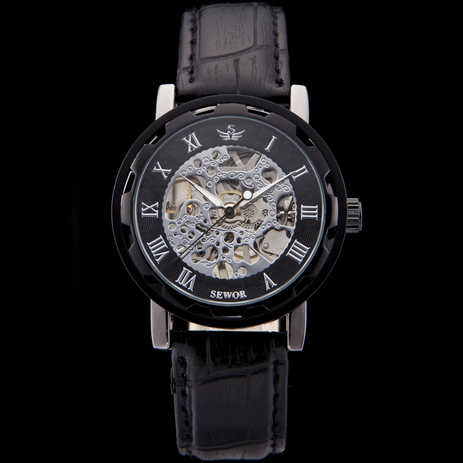SEWOR Mens Hollow Skeleton Carving Orologio da polso meccanico a mano (Nero)