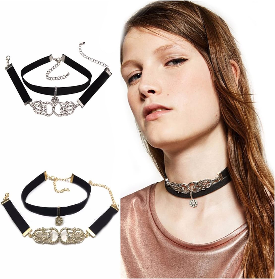 Houda Velvet Choker for Woman Diamond Choker Necklace with Pendant Tattoo Necklace Adjustable Zinc Alloy