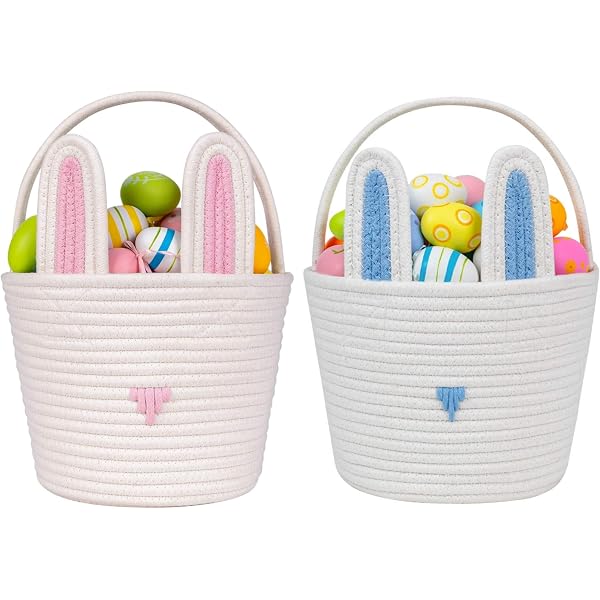 Easter Basket For Boys Set Of 2 - Blue Bunny Woven Cotton Rope Basket With Grass & Personalized Wooden Name Tag - View #5