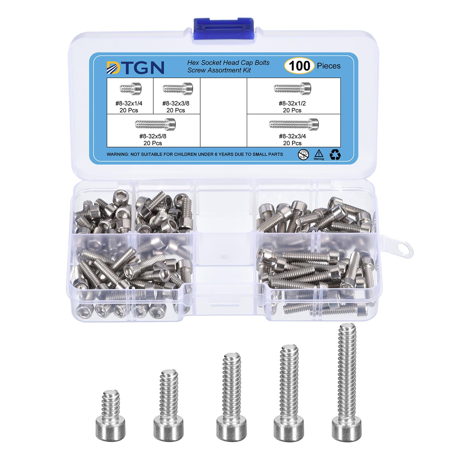 DTGN 100Pcs #8-32 Bolts Socket Head Screws Kit, #8-32 Screw Assortment, 304 Stainless Steel #8-32x1/4", 3/8", 1/2", 5/8", 3/4" Hex Socket Head Cap Screws Bolt Set for 3D Printing DIY