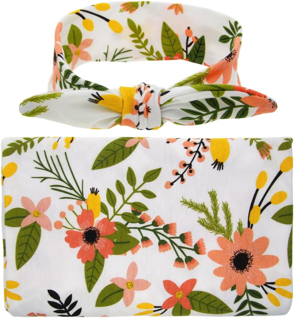 Ufraky Receiving Blanket with Headbands Newborn Baby Floral Printed Baby Shower Swaddle Gift