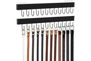 HOMEBROS Belt Hanger Wall Mount, Adhesive Wooden Closet Belt Organizer with 24 Metal Hooks, 2 Installation Methods, 360° Rota