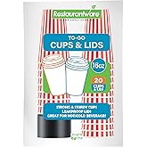 16 Ounce Disposable Coffee Cups With Lids, 20 Hot Cups With Lids - Sleeves Sold Separately, Single Wall, Red And White Stripe Paper Coffee Cups, For All Kinds Of Beverages - Restaurantware