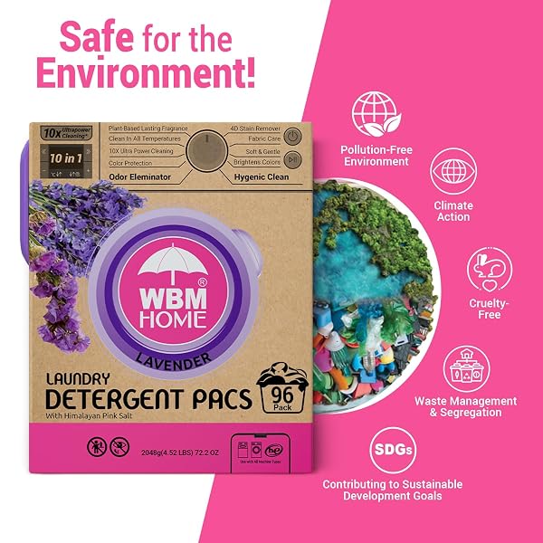WBM 10-IN-1 LAUNDRY PODS WITH SOFTENER & SCENT BOOSTER, 96 COUNT, HIGH EFFICIENCY (HE), FABRIC SOFTENER, LAVENDER EXTRACTS, STAIN LIFTER, ECO-FRIENDLY, GENTLE, FRESH