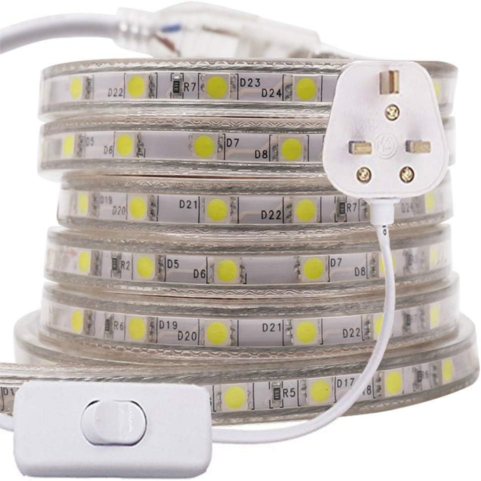 GQL 7m 5050 LED Strip White with Switch (80cm Cable), Mains Powered SMD 60LEDs/m Commercial Rope Light, IP65 Waterproof for Indoor/Outside Decoration UK Plug Supply